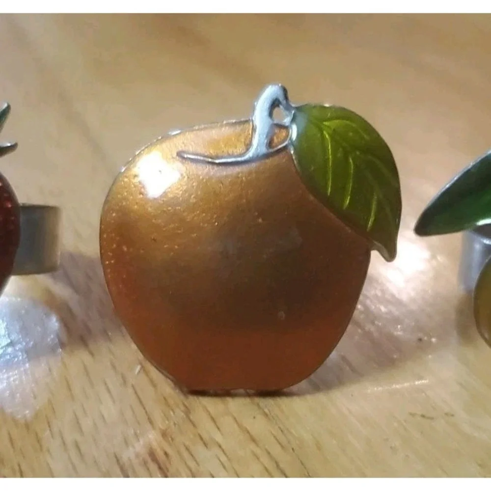 Vintage Susan Maugenest SF Pewter Enamel Napkin Rings Set of 4 Fruit & Vegetable